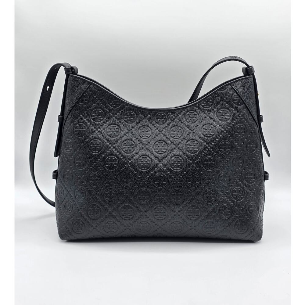 Tory Burch Black Embossed T Monogram Leather Large Messenger Shoulder Bag